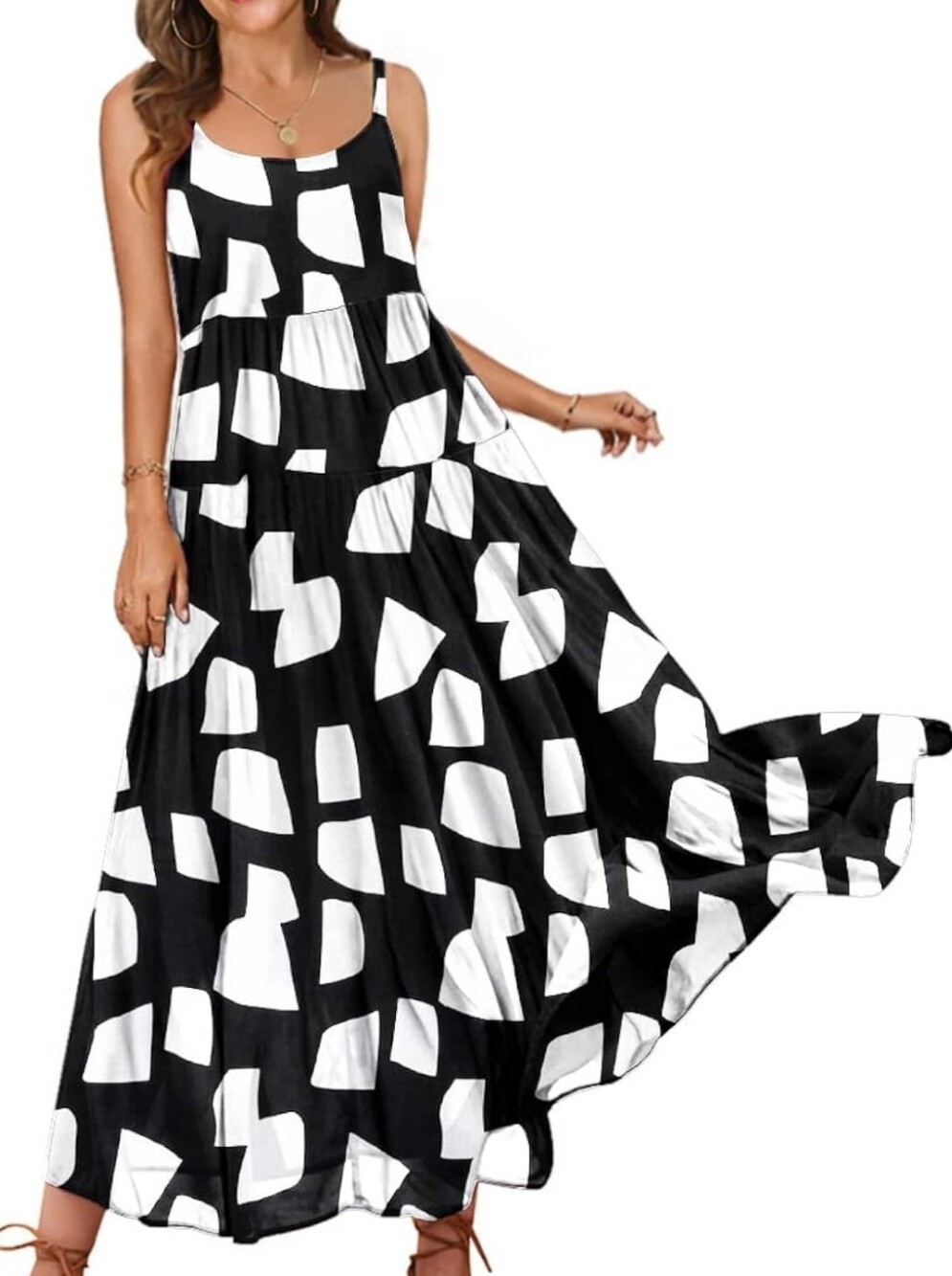 Yes No Black & White Geometric Maxi Summer Sun Dress Small